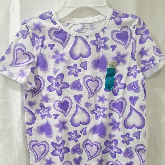 PRIMARK T-SHIRT HEARTS/FLOWERS LOGO SIZES 8-9YRS - Picture 2 of 4